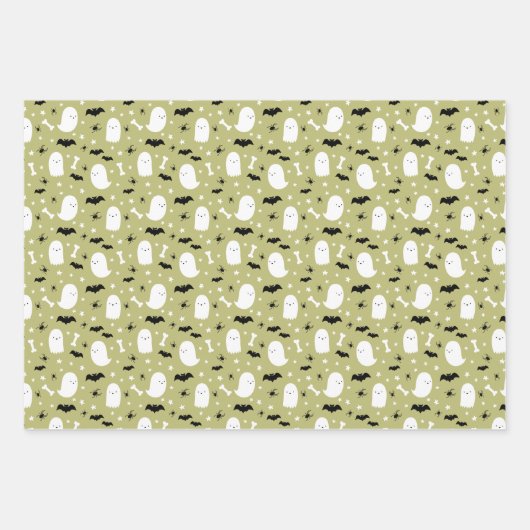 Olive Mixed Halloween Patterns Ghost Pumpkins Fled Geschenkpapier Set (Vorderseite)