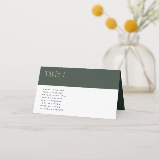 Olive Moss Green Gold Wedding Tischnummer Names Platzkarte (Vorderseite)