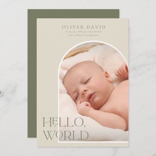 Olive Neutral Arch Foto Geburtshilfeverkündung Einladung (Vorne/Hinten)