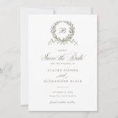 Olive Oak Wreath Monogram Save the Date Einladung (Vorderseite)