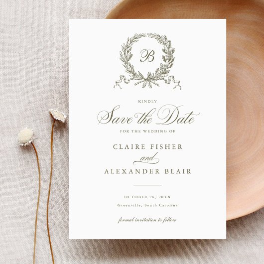 Olive Oak Wreath Monogram Save the Date Einladung