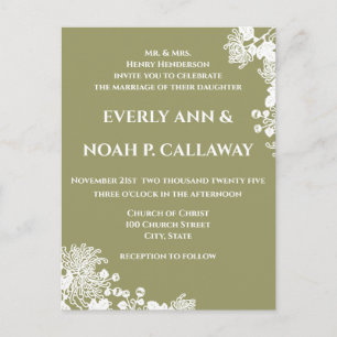 Olive Olive Green & White Vintag Floral Wedding Einladungspostkarte