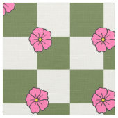 Olive Pink Floral Checkerboard Polyester Fabric Stoff (Nahaufnahme)