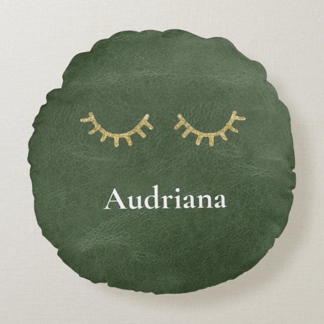 Olive Pistachio Green Gold Glitz Eyelashes Rundes Kissen (Vorderseite)