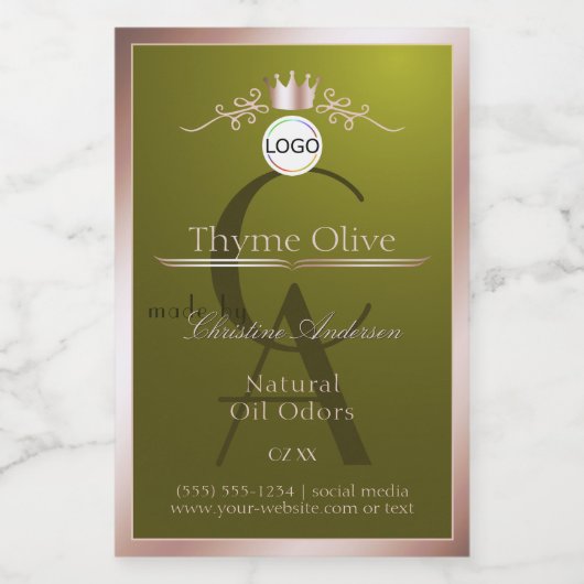Olive Product Label Rose Gold Frame Logo Monogram Lebensmitteletikett (Einzelnes Label)