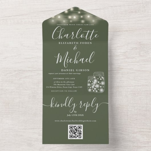 Olive QR Code Mason Jars String Light Wedding All In One Einladung (Innen Boden)