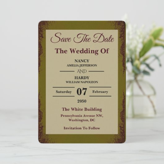 Olive Rust Earthy Wedding Save The Date (Stehend Vorderseite)