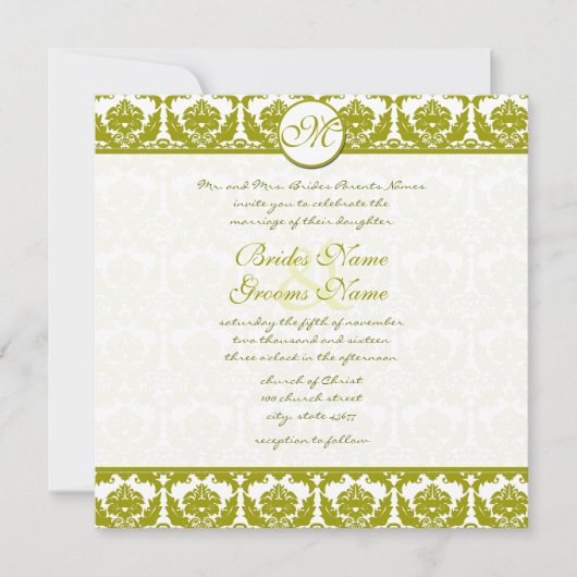 Olive Sage Green Floral Damask Monogramm Einladung (Vorderseite)