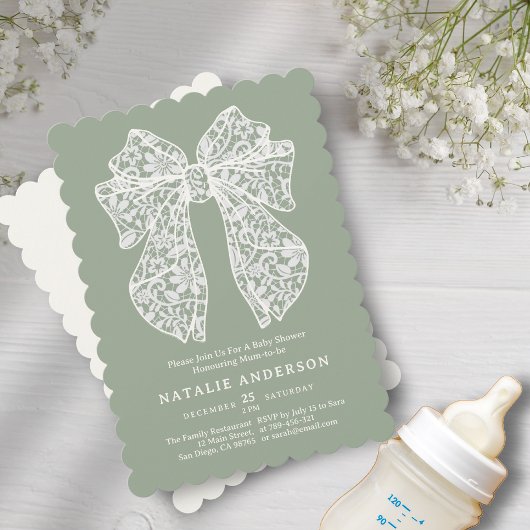 Olive Sage Green Floral Lace Coquette Babydusche Einladung