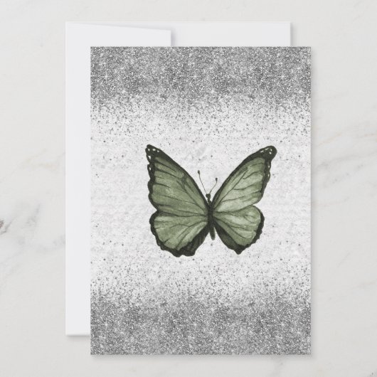 Olive Sage Silver Glitzer Butterfly Quinceañera Einladung (Rückseite)
