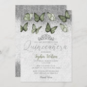 Olive Sage Silver Glitzer Butterfly Quinceañera Einladung (Vorne/Hinten)