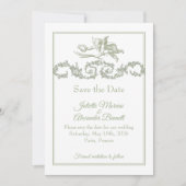 Olive Sage Toile de Jouy Cherub Save the Date Card (Vorderseite)