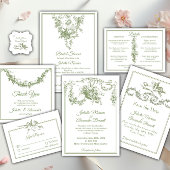 Olive Sage Toile de Jouy Cherub Wedding RSVP Card Karte