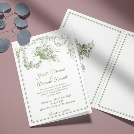Olive Sage Toile de Jouy Paris Wedding Invitation Einladung