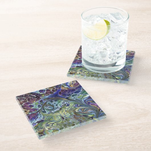 Olive Salbei grün, lila blau bordeauxrot abstrakt  Glasuntersetzer (Schrägansicht)