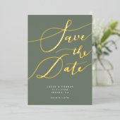 Olive Save the Date Kalligraphie Folieneinladung (Stehend vorne)
