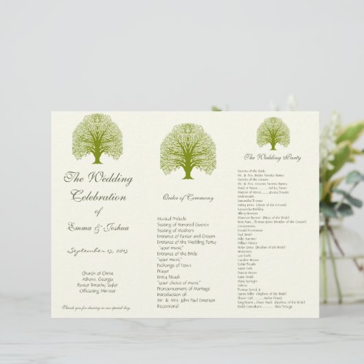 Olive Swirl Tree TriFold Wedding Program (Stehend Vorderseite)