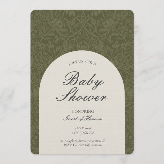 Olive Traditional Floral Arts and Crafts Shower Einladung (Vorderseite)