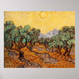 Olive Trees with Yellow Sky and Sun Poster