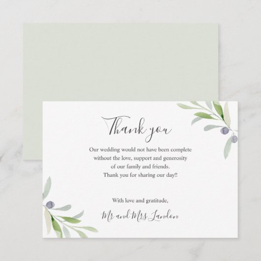 Olive und Blätter grün Hochzeit danke (Vorne/Hinten)
