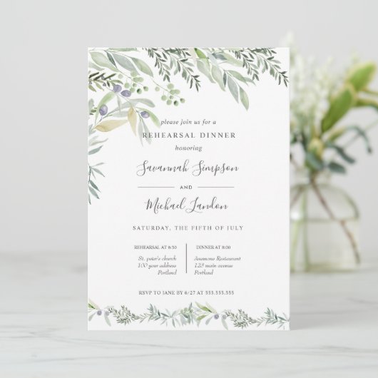 Olive und Blätter Grün Probe Abendessen Einladung (Stehend Vorderseite)