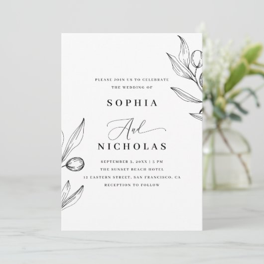 Olive Wedding | Botanisches Foto + QR-Code Einladung (Stehend Vorderseite)