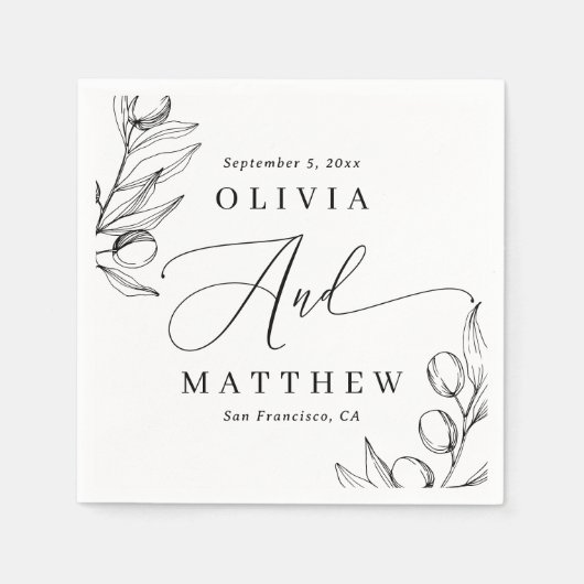 Olive Wedding | Minimalistisches Delikatskript Serviette (Vorderseite)