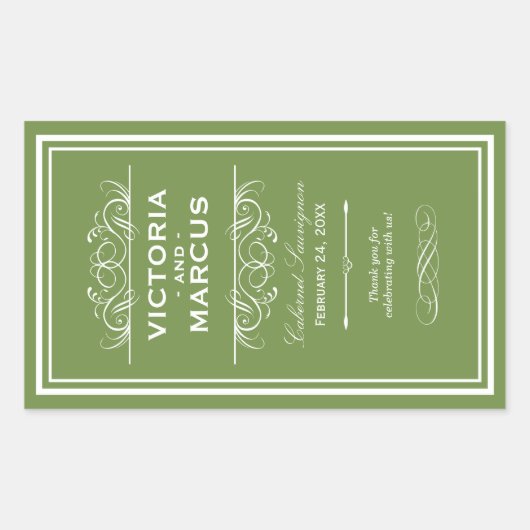 Olive Wedding Wine Bottle Monogram Fevor Labels Rechteckiger Aufkleber (Vorderseite)