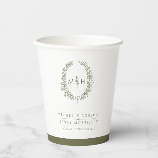 Olive-White-Blatt-Mono-Hochzeit Pappbecher (Vorderseite)