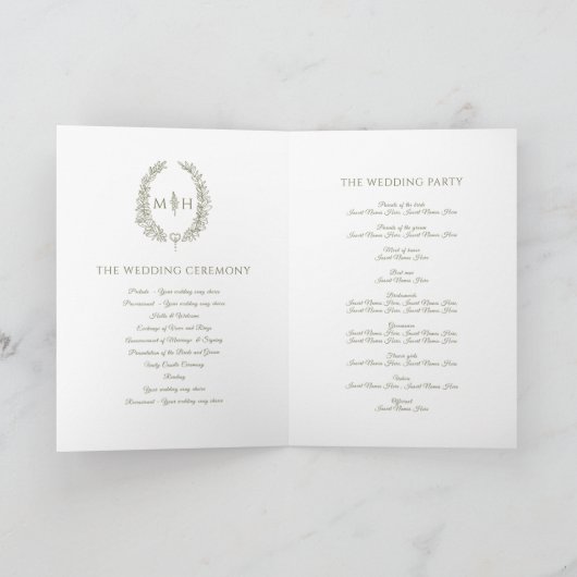 Olive-white-white oval-leaf monogram Art Hochzeit Programm (Innenseite)