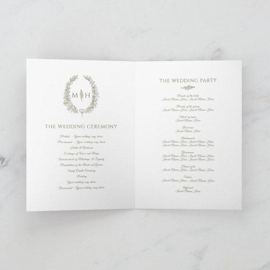 Olive-white-white oval-leaf monogram Art Hochzeit Programm (Innenseite)