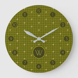 Olive with Gold Accent Houndstooth Clock Große Wanduhr