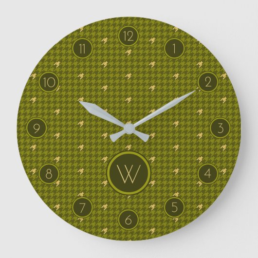 Olive with Gold Accent Houndstooth Clock Große Wanduhr (Vorderseite)