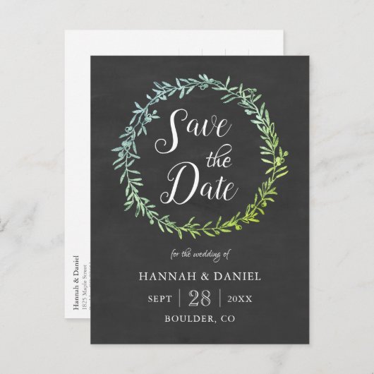 Olive Wreath Chalkboard Save the Date Vorlage Postkarte (Vorne/Hinten)