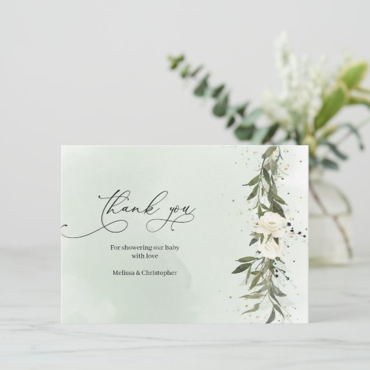 Olive Wreath White Roses Boho Babydusche Dankeskarte (Stehend Vorderseite)