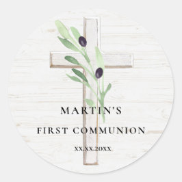 Olive Zweige Weißholz Kreuz Erste Kommune Runder Aufkleber