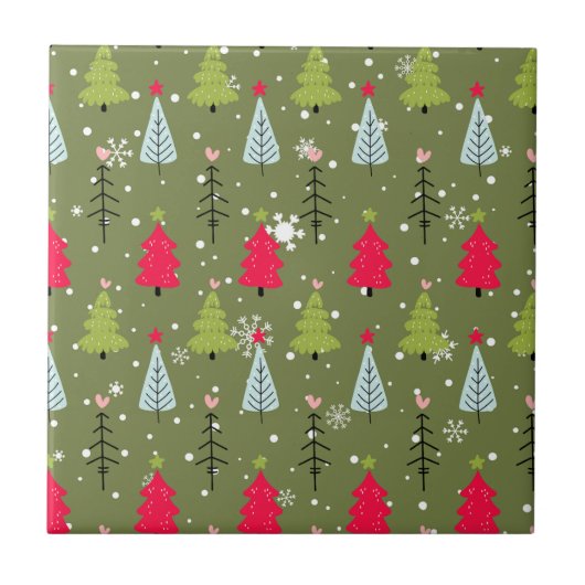 Olivegrüner wunderlicher Weihnachtsbaum-Muster Fliese (Vorderseite)