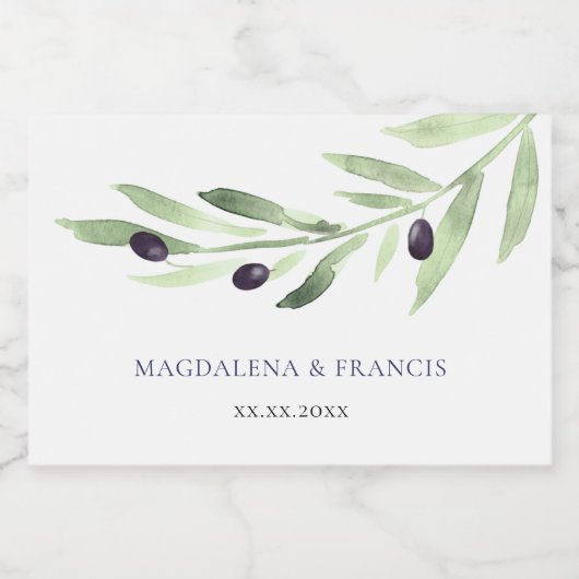 Oliven-Ast-Hochzeitswasserflasche Schaumweinetikett (Einzelnes Label)