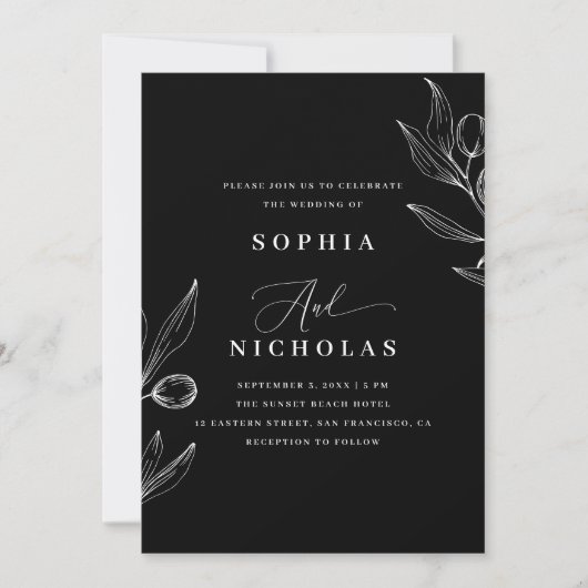 Oliven botanische schwarze Hochzeit - Foto & QR-Co Einladung (Vorderseite)