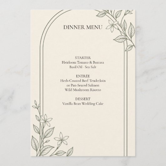 Oliven-Botanischer-Bogen-Hochzeits-Dinner-Menü Menükarte (Vorderseite)