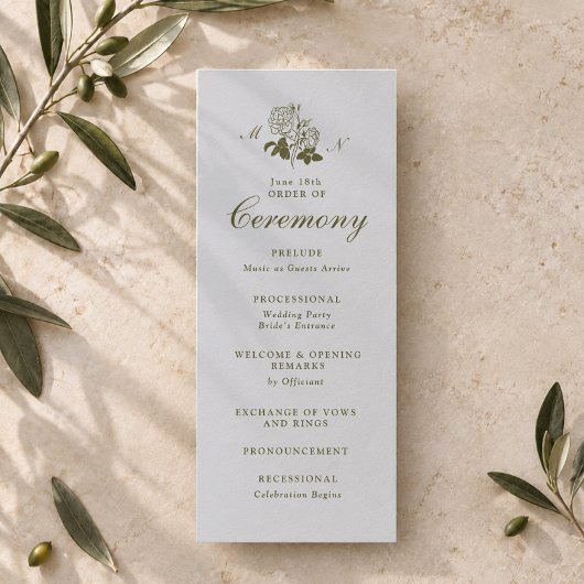 Oliven-Botanisches-Monogramm-Hochzeitsprogramm Einladung