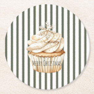Oliven-Cremestreifen-Schneeflocken-Cupcake-Weihnac Runder Pappuntersetzer