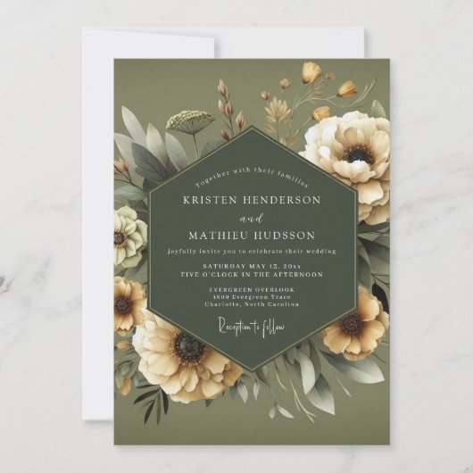 Oliven-düstere Anemonen-Hochzeit Einladung (Vorderseite)