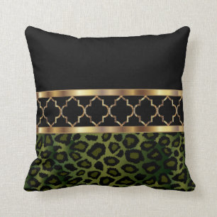 Oliven Green, Black & Gold Quatrefolie und Leopard Kissen