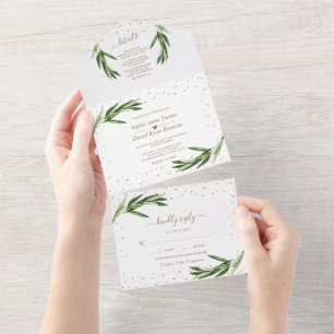 Oliven Grün Gold Konfetti Monogramm Hochzeit   All In One Einladung