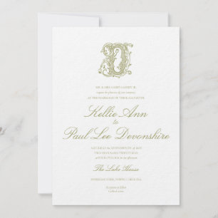 Oliven-grüne "D" Monogramm Hochzeits-Einladung Einladung