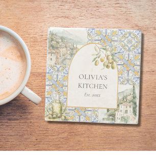 Oliven-Mittelmeer-Gelb-Blau-Fliesenmuster Steinuntersetzer