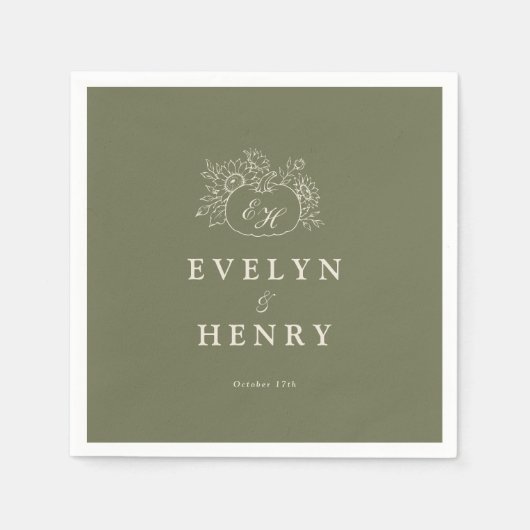 Oliven-Sage-Monogramm-Hochzeitsservietten Serviette (Vorderseite)