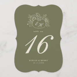 Oliven-Salbei-Stanz-Monogramm-Tischnummer Einladung