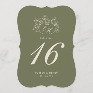 Oliven-Salbei-Stanz-Monogramm-Tischnummer Einladung